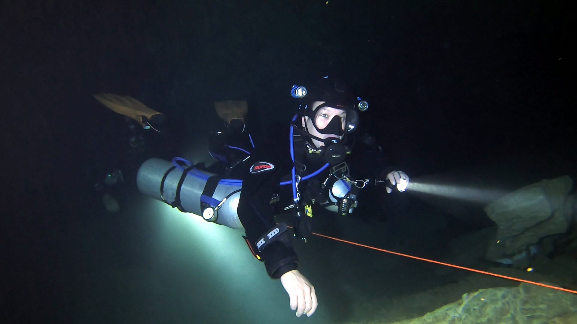 Sidemount diver in the cave
